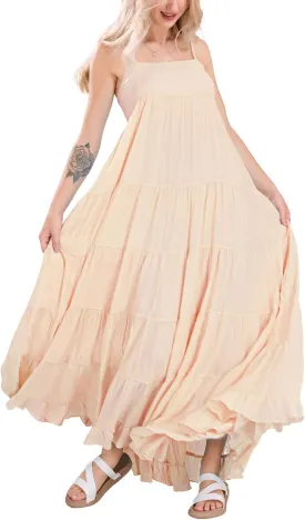 chouyatou Women's Summer Boho Flowy Spaghetti Strap Maxi Dress Smocked Back Casual Swing Beach Sundress