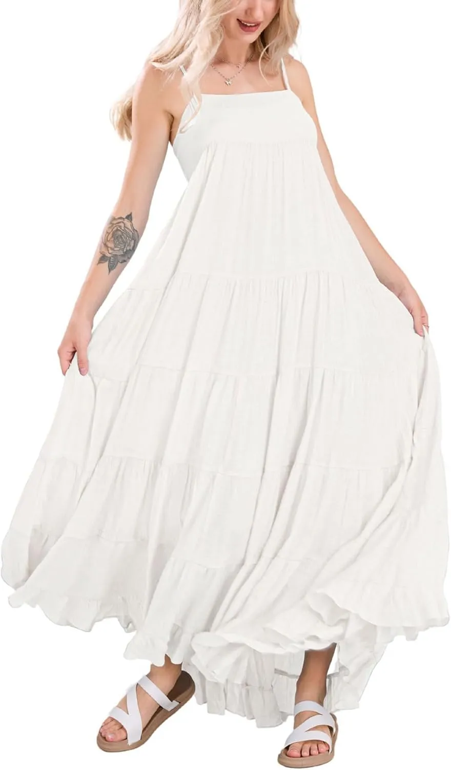 chouyatou Women's Summer Boho Flowy Spaghetti Strap Maxi Dress Smocked Back Casual Swing Beach Sundress
