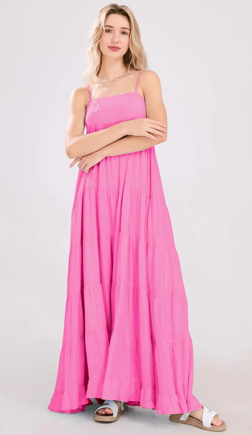 chouyatou Women's Summer Boho Flowy Spaghetti Strap Maxi Dress Smocked Back Casual Swing Beach Sundress