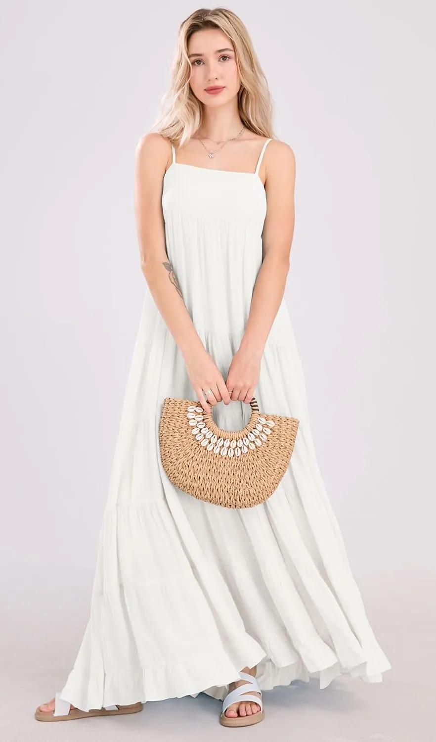chouyatou Women's Summer Boho Flowy Spaghetti Strap Maxi Dress Smocked Back Casual Swing Beach Sundress