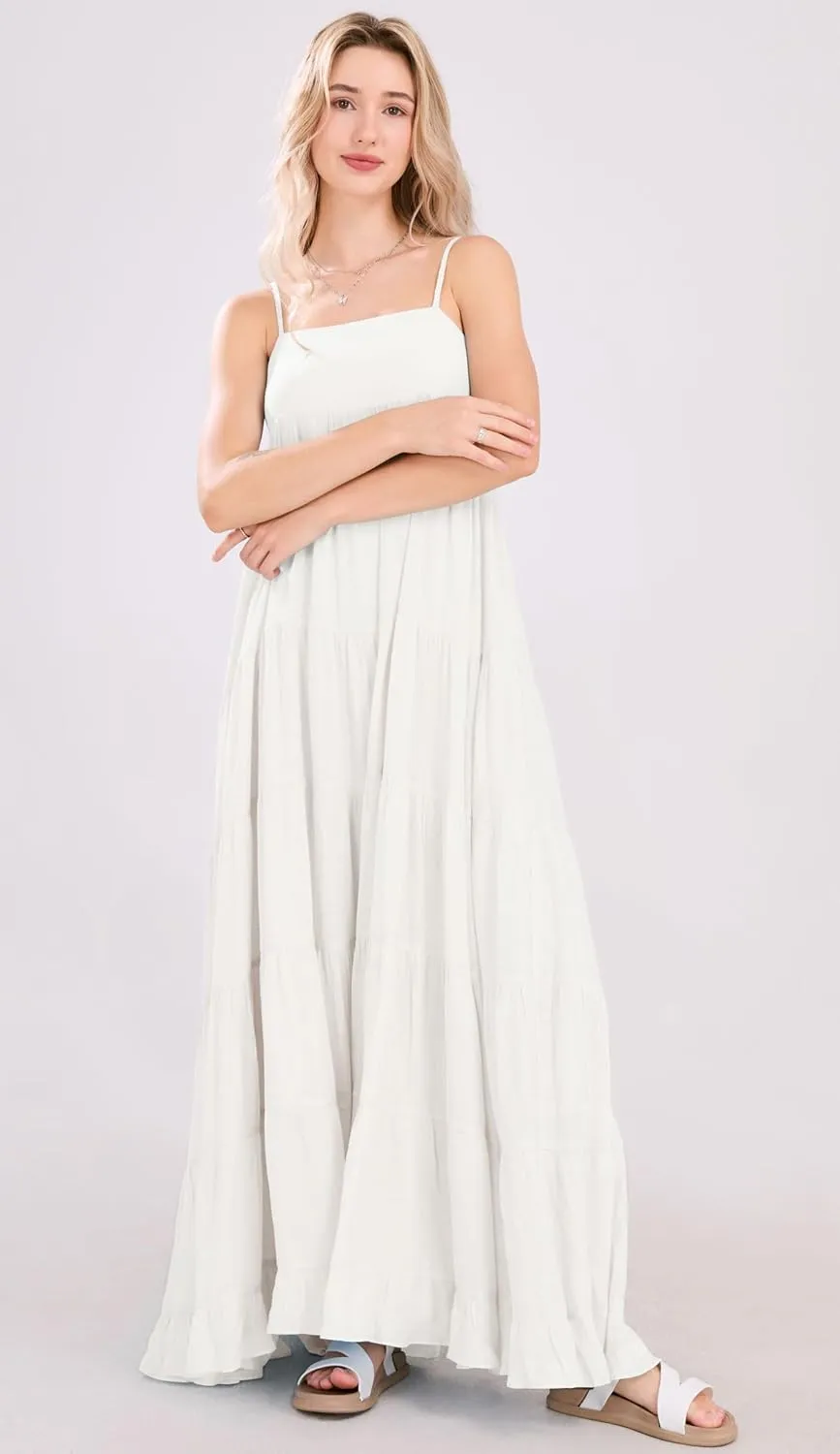 chouyatou Women's Summer Boho Flowy Spaghetti Strap Maxi Dress Smocked Back Casual Swing Beach Sundress