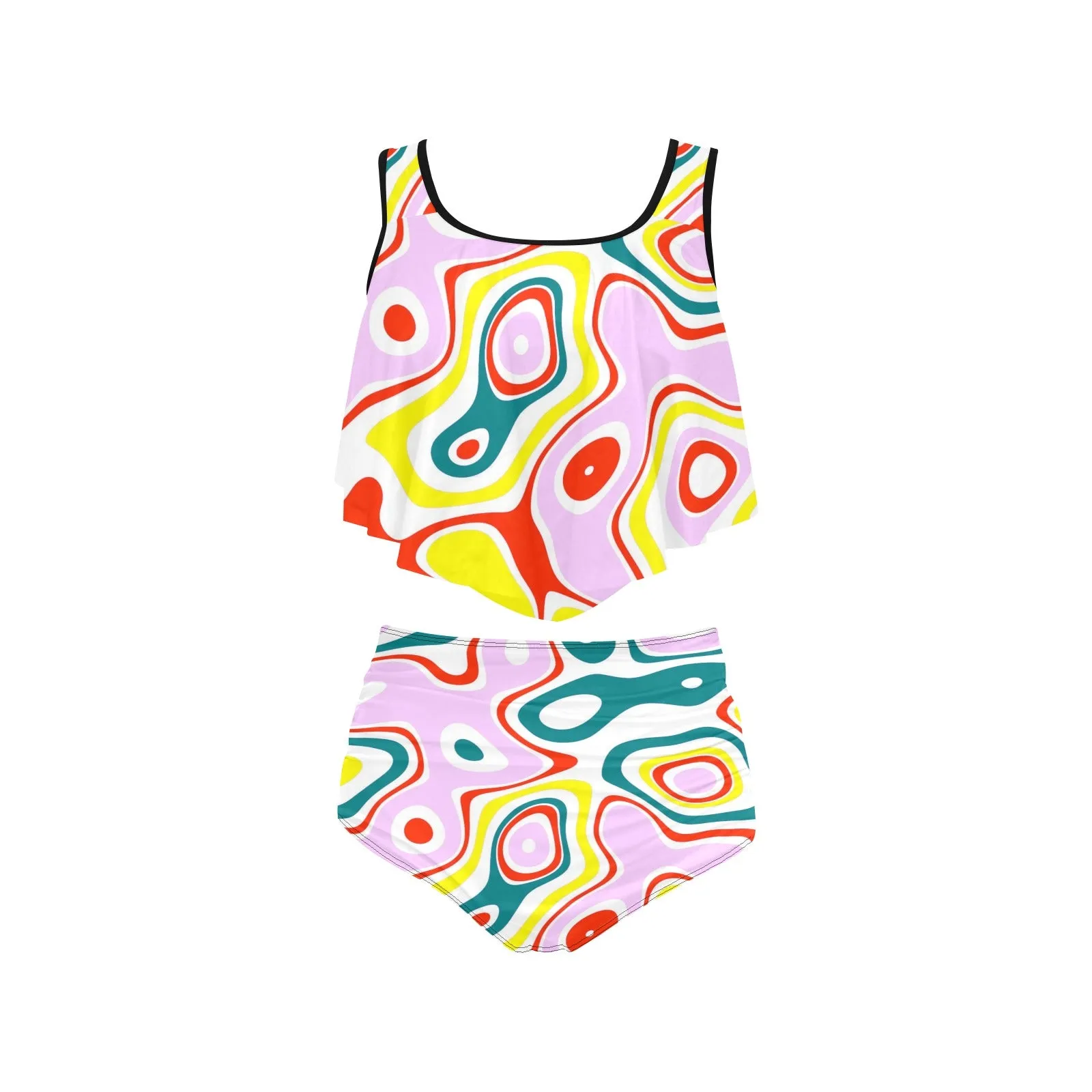 colored splat print 2 High Waisted Flounce Bikini Set (Model S24)
