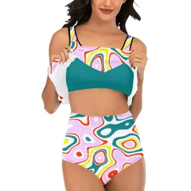 colored splat print 2 High Waisted Flounce Bikini Set (Model S24)