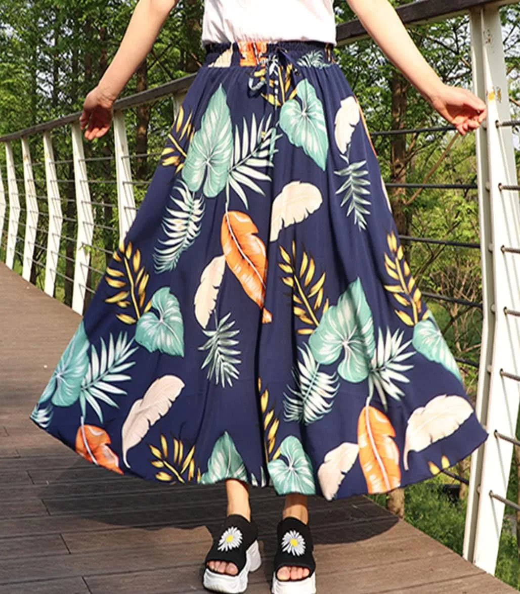 Coolwife Womens High Waist Skirts Midi Swing Pockets Elastic Waist A Line Boho Floral Print Skirt