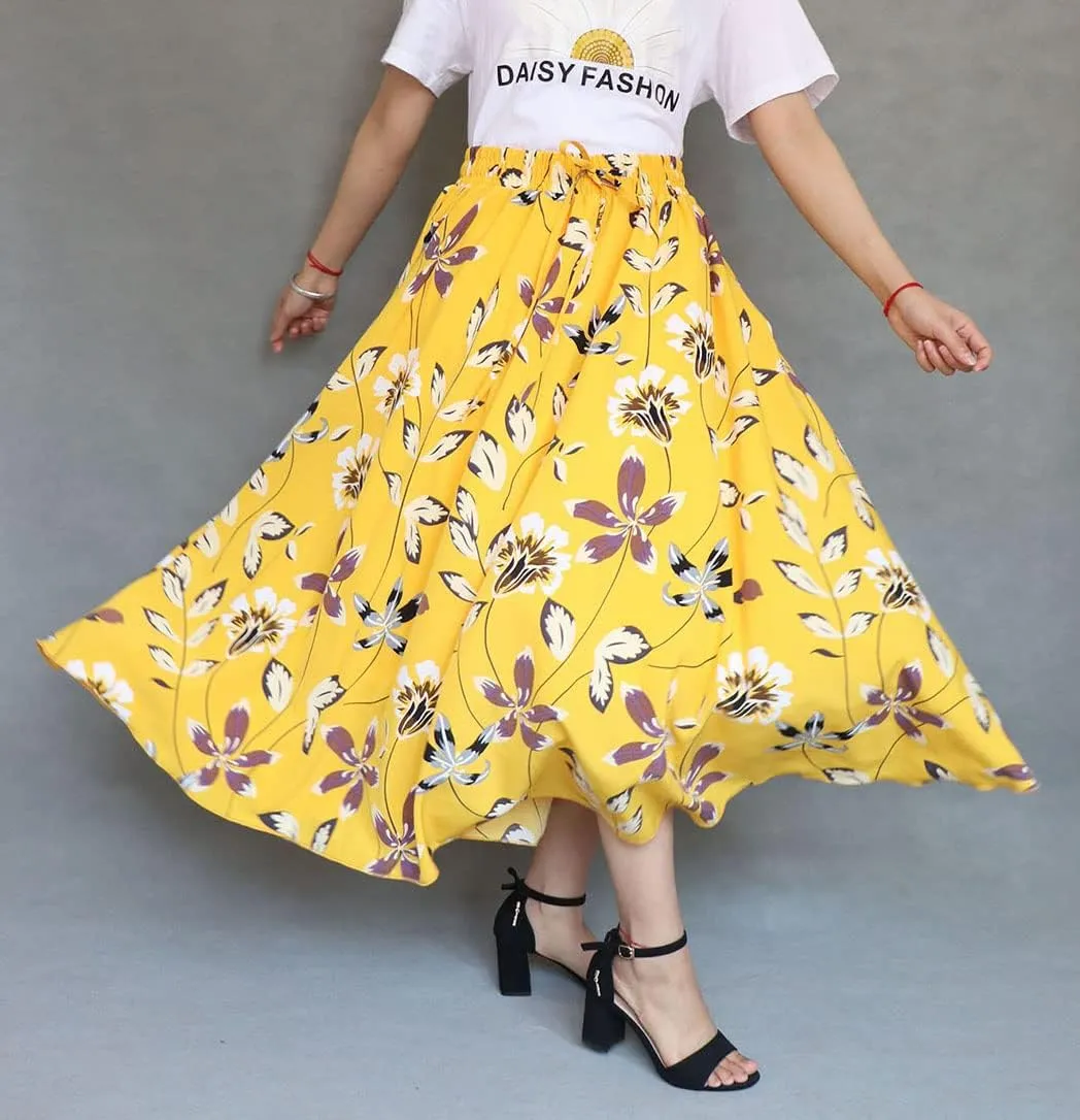Coolwife Womens High Waist Skirts Midi Swing Pockets Elastic Waist A Line Boho Floral Print Skirt