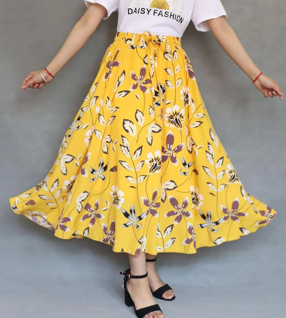 Coolwife Womens High Waist Skirts Midi Swing Pockets Elastic Waist A Line Boho Floral Print Skirt