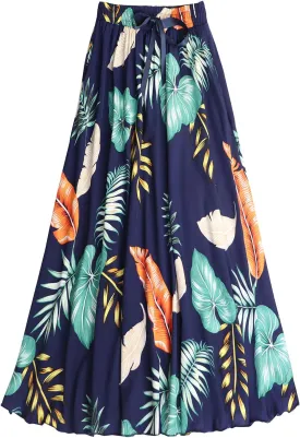 Coolwife Womens High Waist Skirts Midi Swing Pockets Elastic Waist A Line Boho Floral Print Skirt