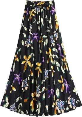 Coolwife Womens High Waist Skirts Midi Swing Pockets Elastic Waist A Line Boho Floral Print Skirt