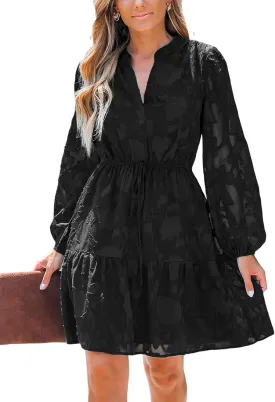 CUPSHE Women Ruffle Lace Mini Fall Dresses Semi Formal Wedding Guest Dress V Neck Long Peasant Sleeve Elastic Waist Tie