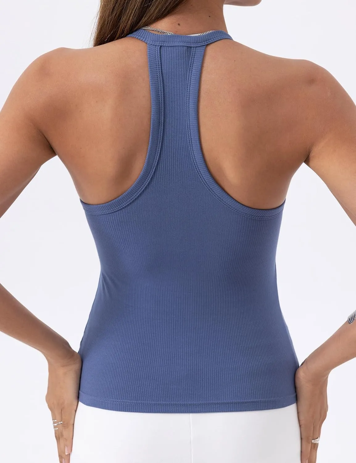 Danysu V Neck Racer Back Tank Top for Women Padded Ribbed Long Tank Fitted Basic Cami Tops