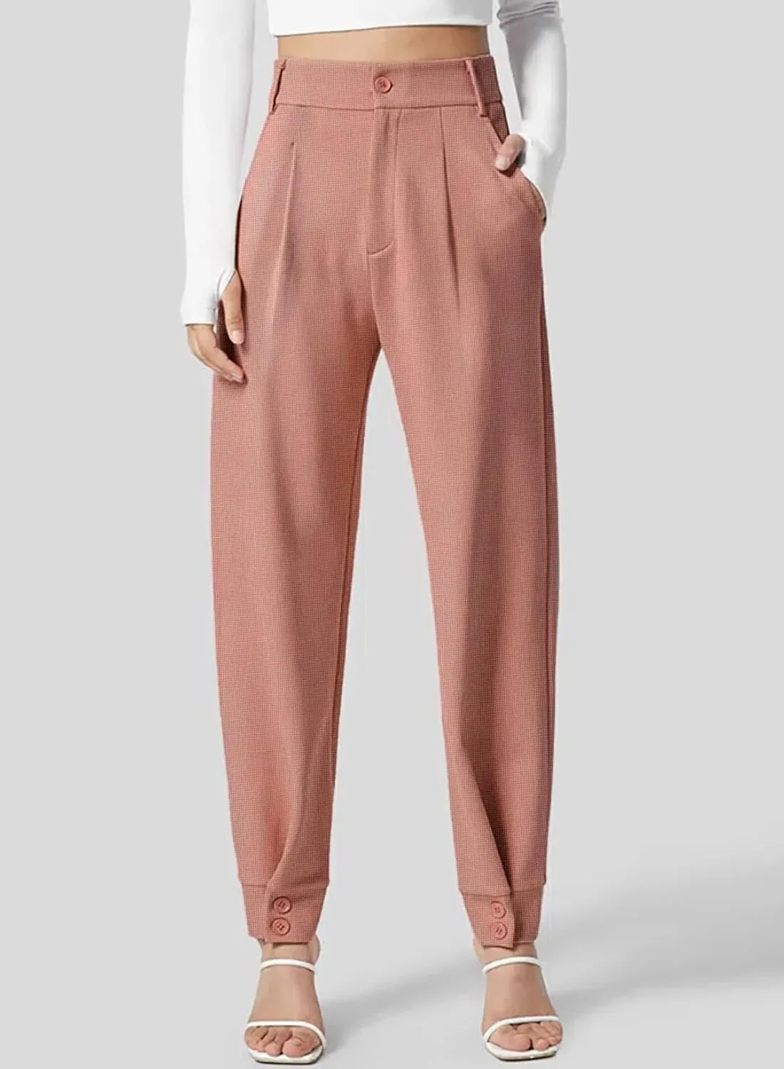 Dokotoo Women's Pants Waffle Classic High Waisted Adjustable Button Hem Business Casual Tapered Pants with Pockets