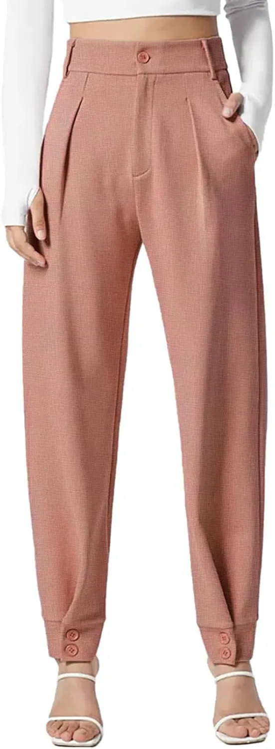 Dokotoo Women's Pants Waffle Classic High Waisted Adjustable Button Hem Business Casual Tapered Pants with Pockets