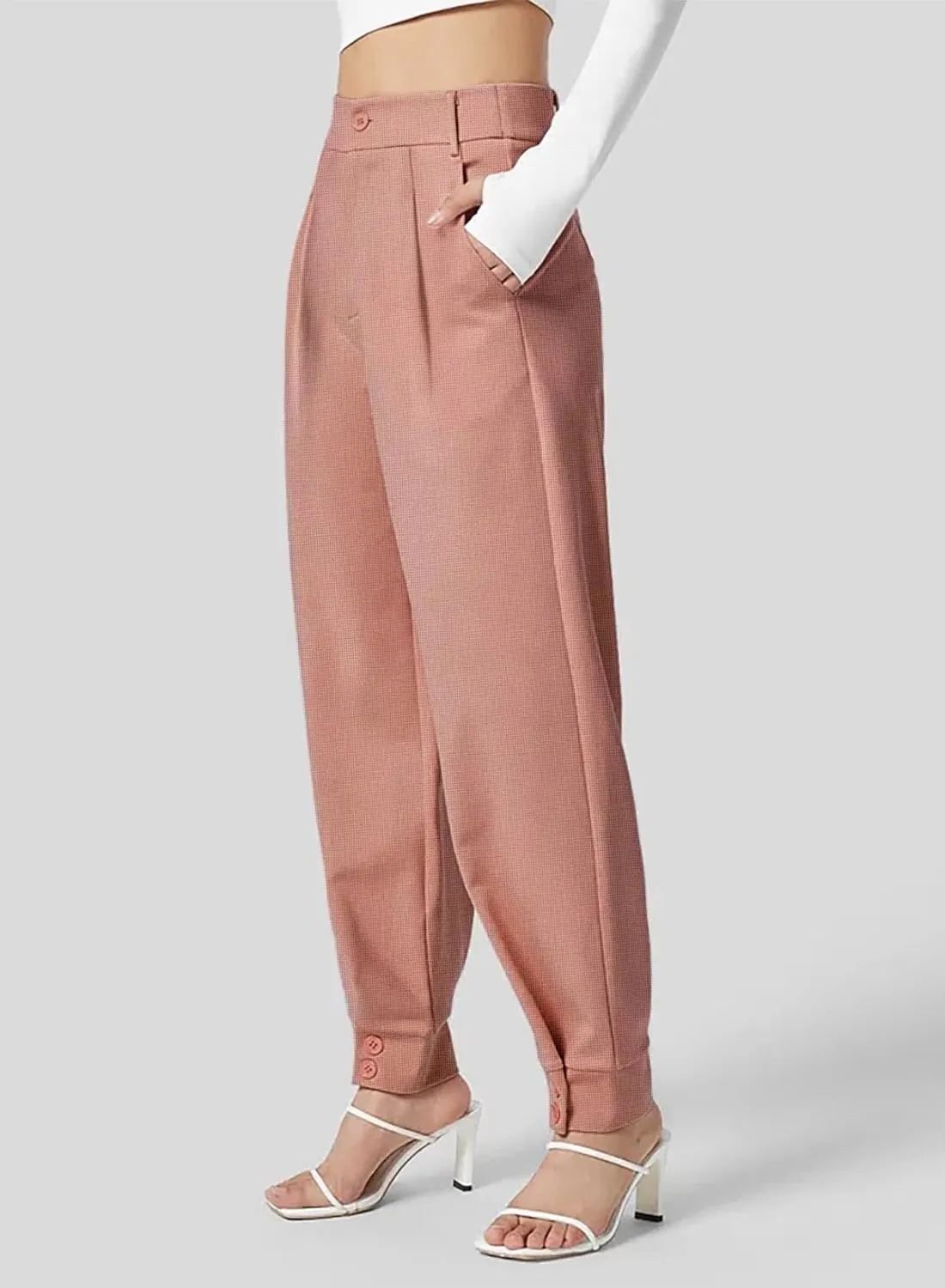 Dokotoo Women's Pants Waffle Classic High Waisted Adjustable Button Hem Business Casual Tapered Pants with Pockets