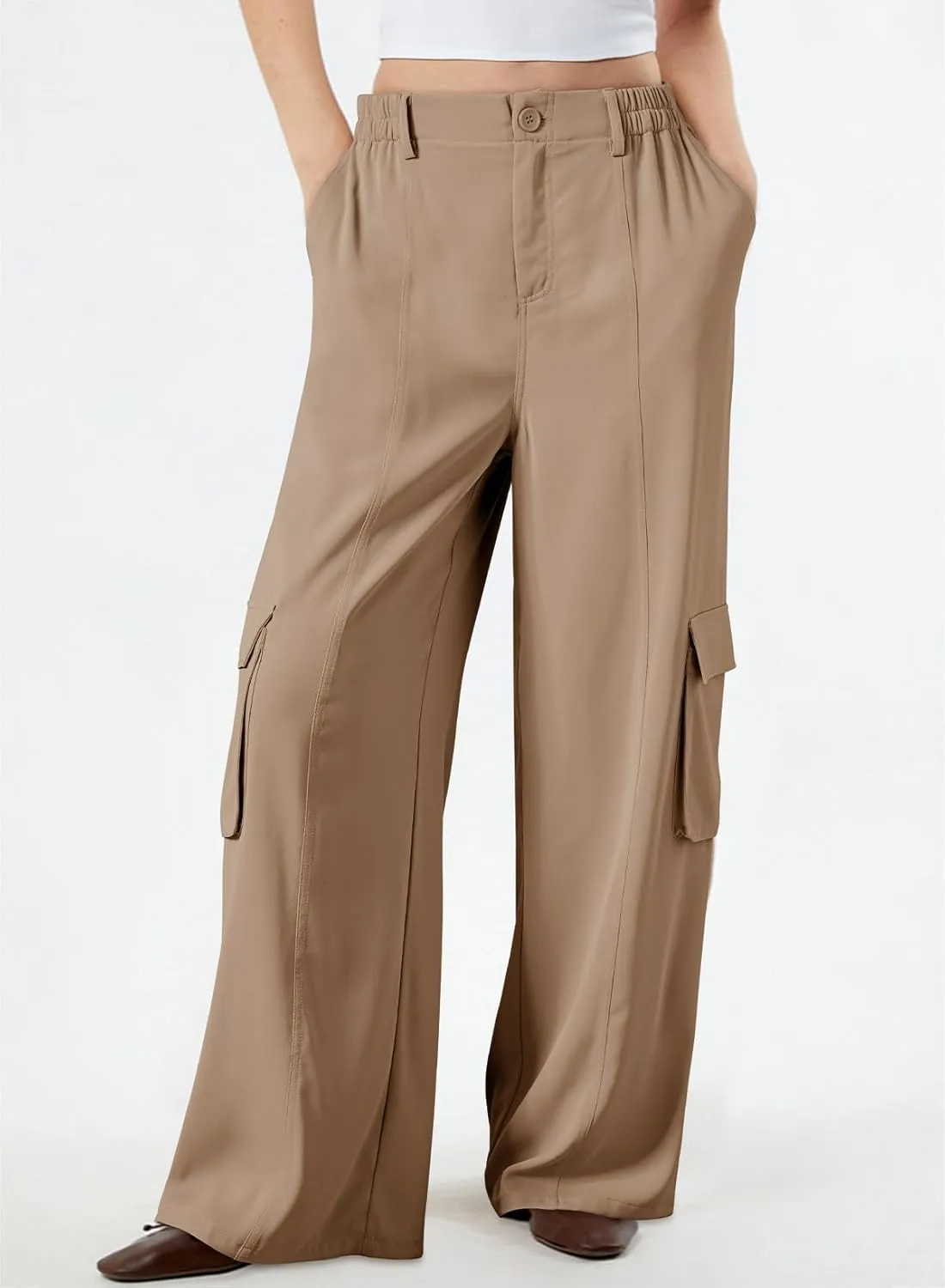 Dokotoo Women's Wide Leg Pants 2024 Flowy Casual Trendy Pants Straight Leg High Waist Stretch Palazzo Pants with 4 Pockets