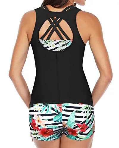 Fashionable 3 Piece Tankini Shorts For Teen Girls-Black Floral