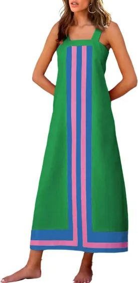 Fiona Jolin Womens Summer Maxi Dress Boho Striped Shoulder Strap Long Sundress Beach Cover Up Dress