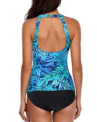 Flattering Tankini Bathing Suits For Juniors-Dark Blue Green Leaves