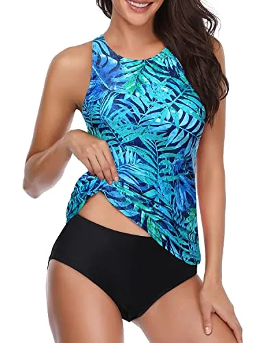 Flattering Tankini Bathing Suits For Juniors-Dark Blue Green Leaves
