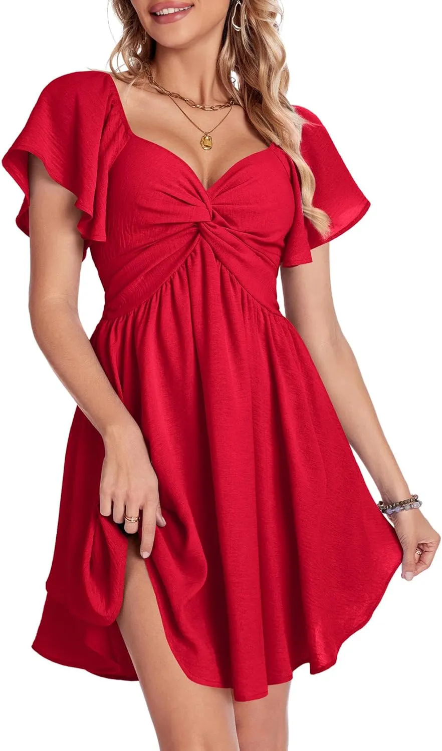 Florboom Women's Sweetheart Knot Front Dress Flutter Sleeve Tie Back A-Line Chiffon Mini Dresses