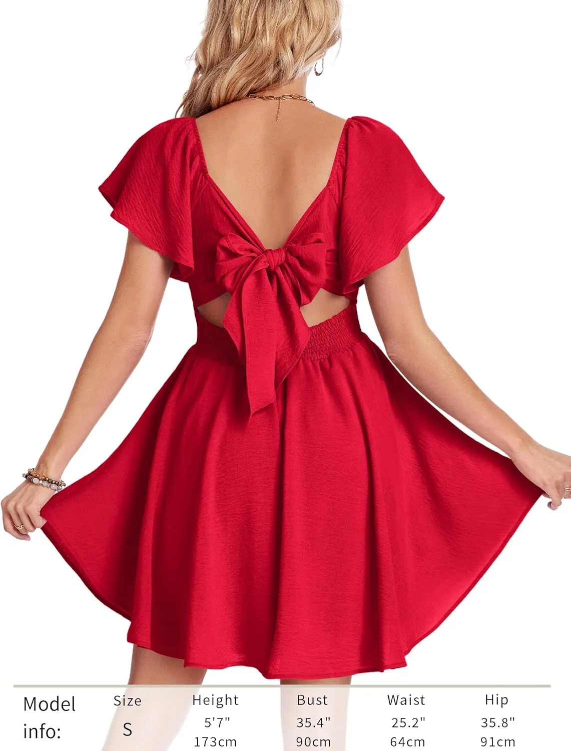 Florboom Women's Sweetheart Knot Front Dress Flutter Sleeve Tie Back A-Line Chiffon Mini Dresses