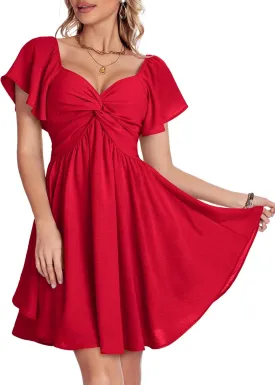 Florboom Women's Sweetheart Knot Front Dress Flutter Sleeve Tie Back A-Line Chiffon Mini Dresses