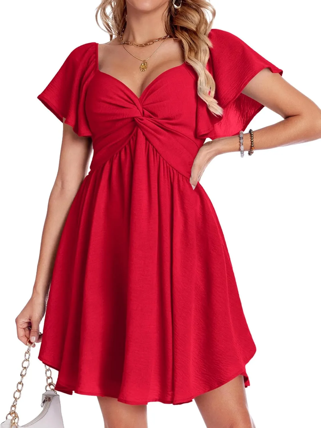 Florboom Women's Sweetheart Knot Front Dress Flutter Sleeve Tie Back A-Line Chiffon Mini Dresses