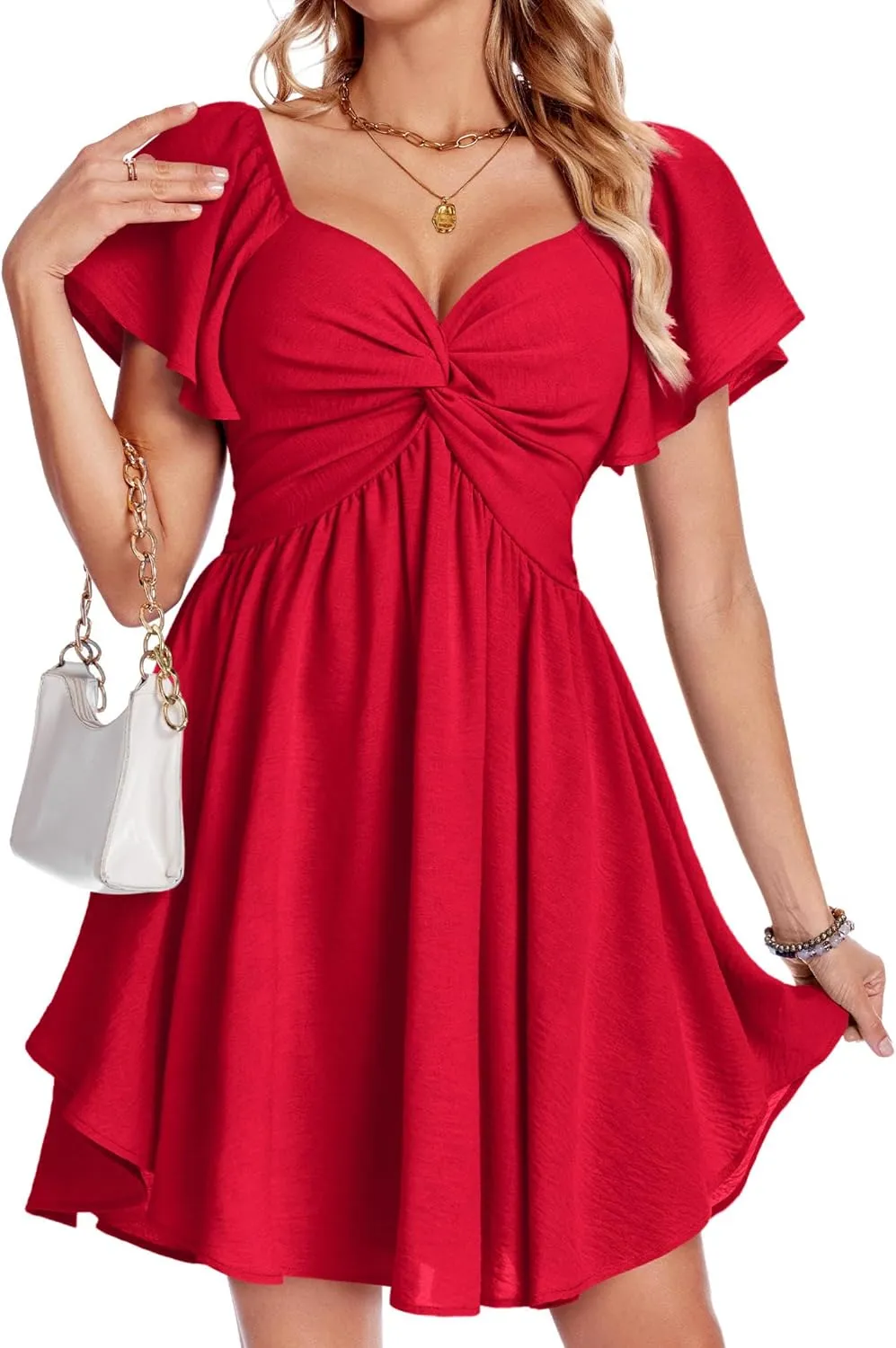 Florboom Women's Sweetheart Knot Front Dress Flutter Sleeve Tie Back A-Line Chiffon Mini Dresses
