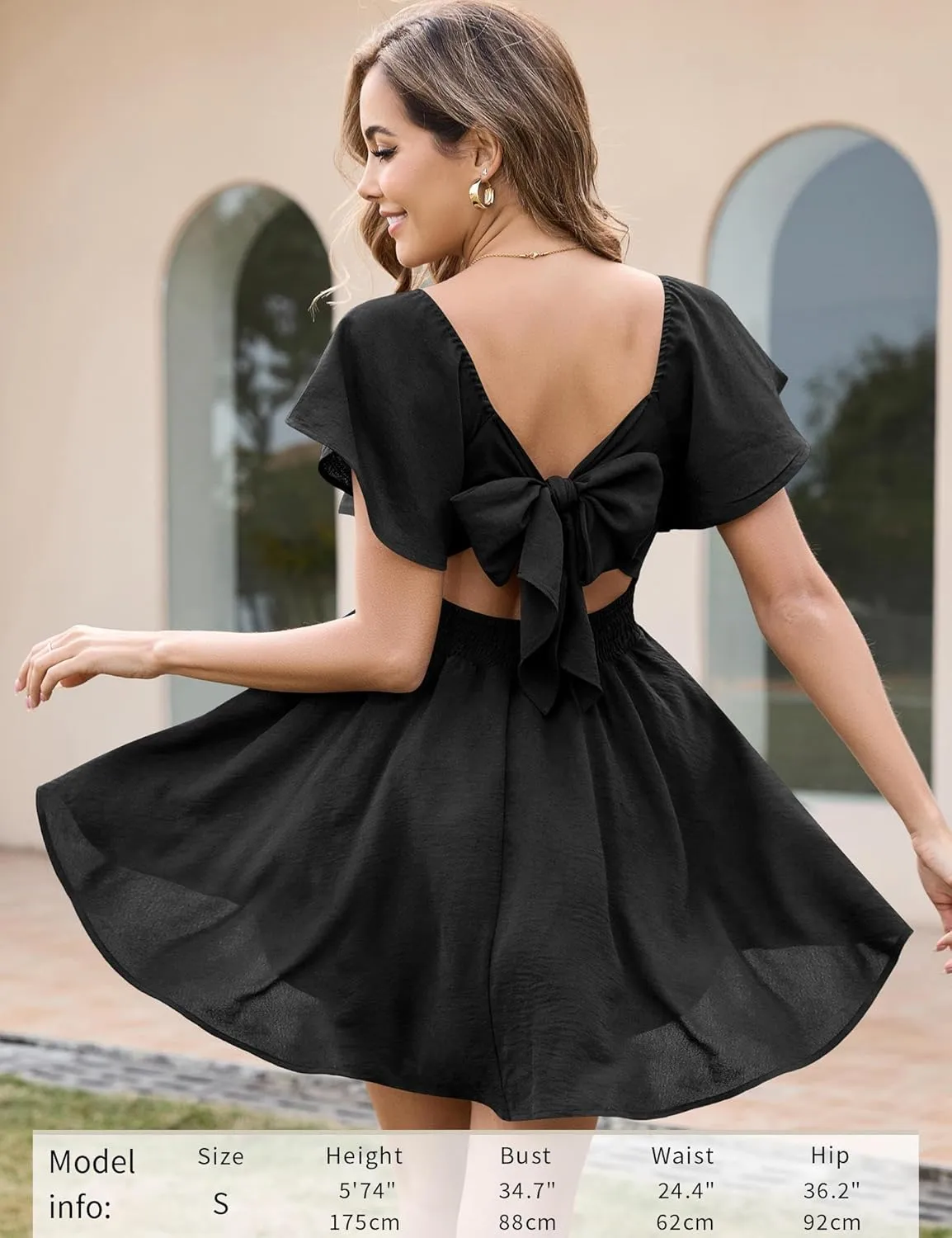 Florboom Women's Sweetheart Knot Front Dress Flutter Sleeve Tie Back A-Line Chiffon Mini Dresses