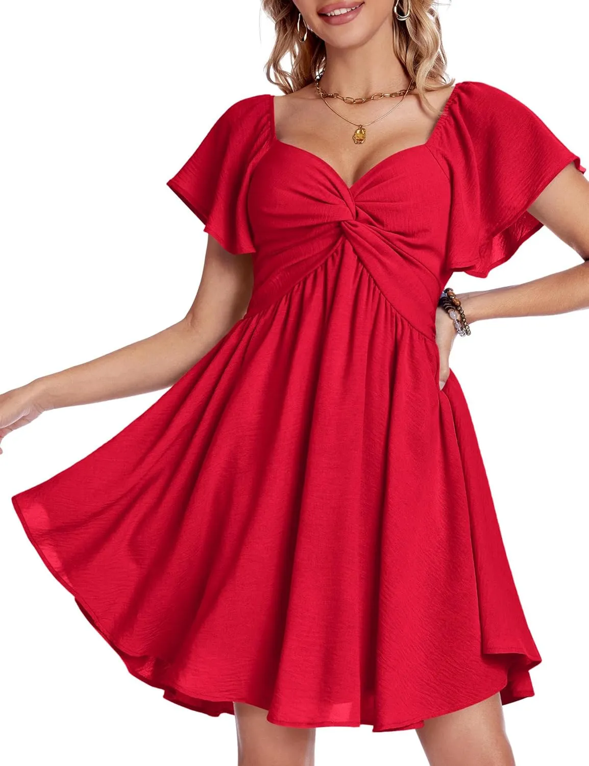 Florboom Women's Sweetheart Knot Front Dress Flutter Sleeve Tie Back A-Line Chiffon Mini Dresses