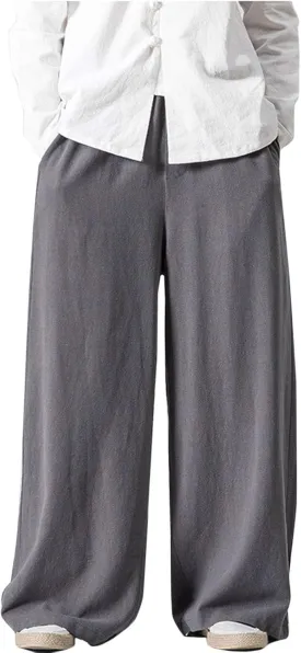 Flygo Mens Linen Pants Casual Wide Leg Baggy Pants Summer Cotton Elastic Waist Yoga Beach Palazzo Trousers