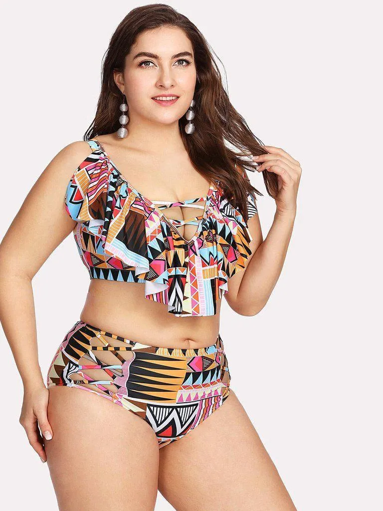 Geometric Pattern Flounce Bikini Set