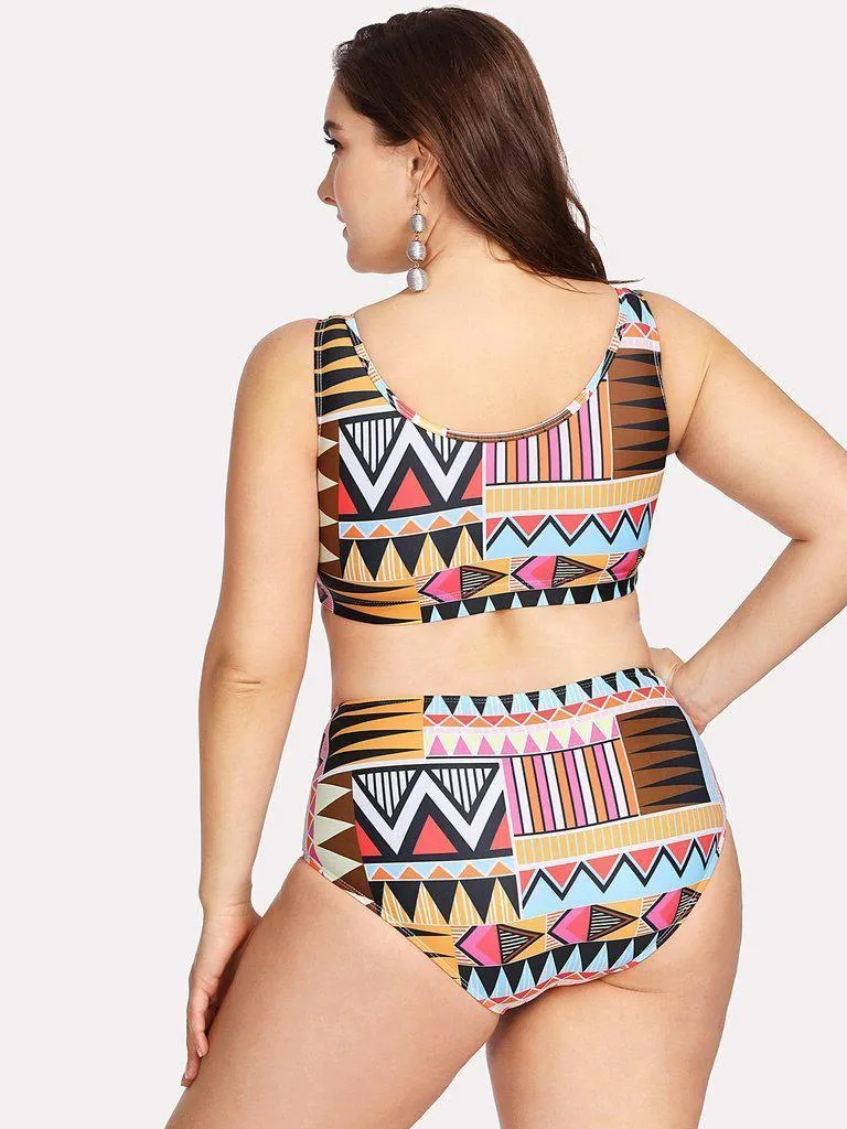 Geometric Pattern Flounce Bikini Set