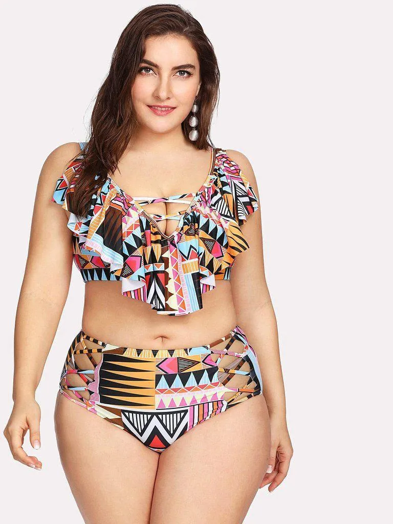 Geometric Pattern Flounce Bikini Set