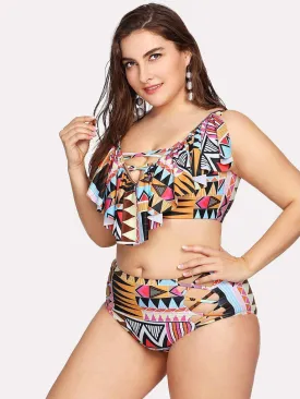 Geometric Pattern Flounce Bikini Set