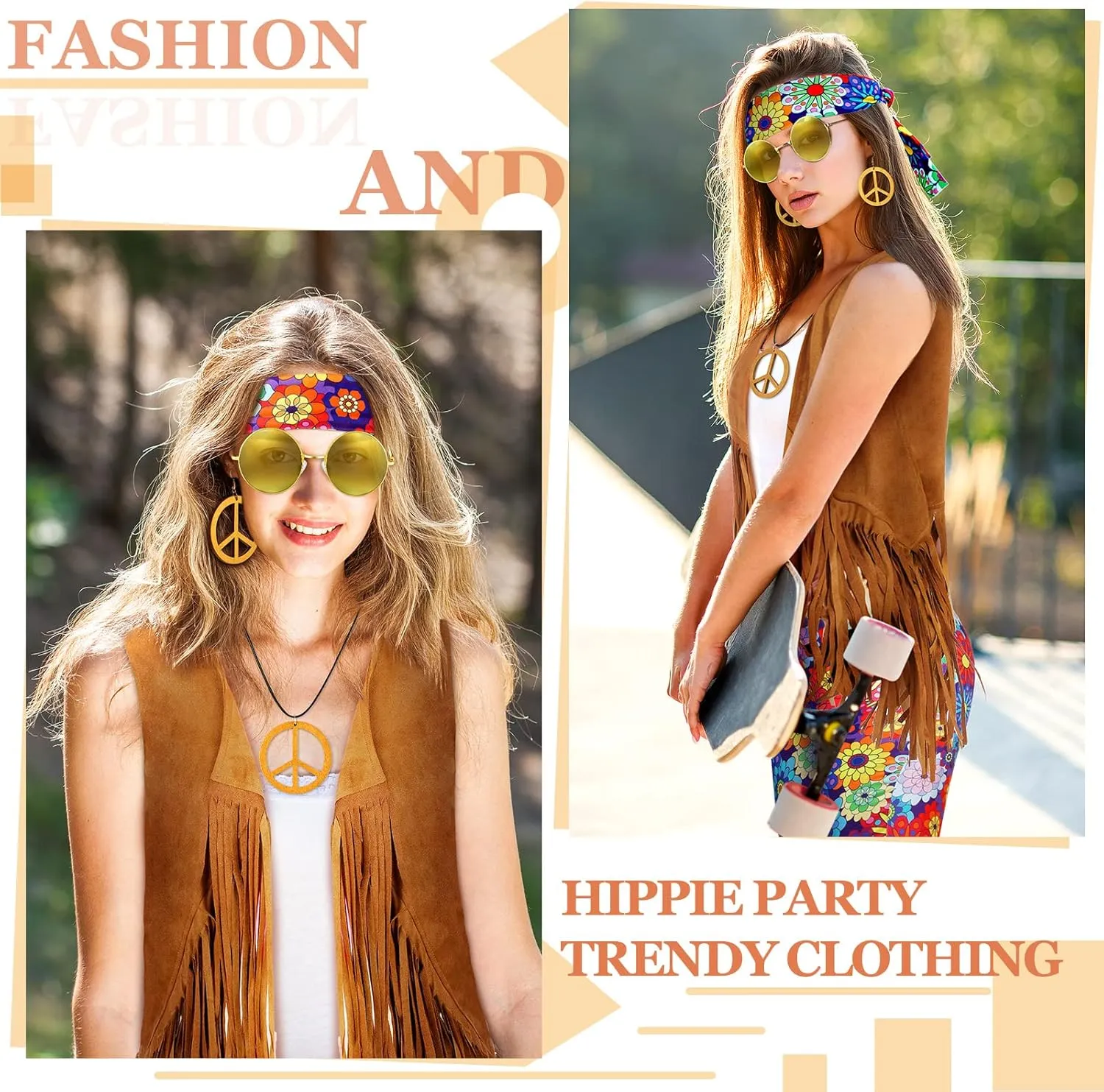 Haull 7 Pcs 60s 70s Outfits for Women Hippie Costume Set Boho Flared Pants Fringe Vest Peace Sign Accessories Set