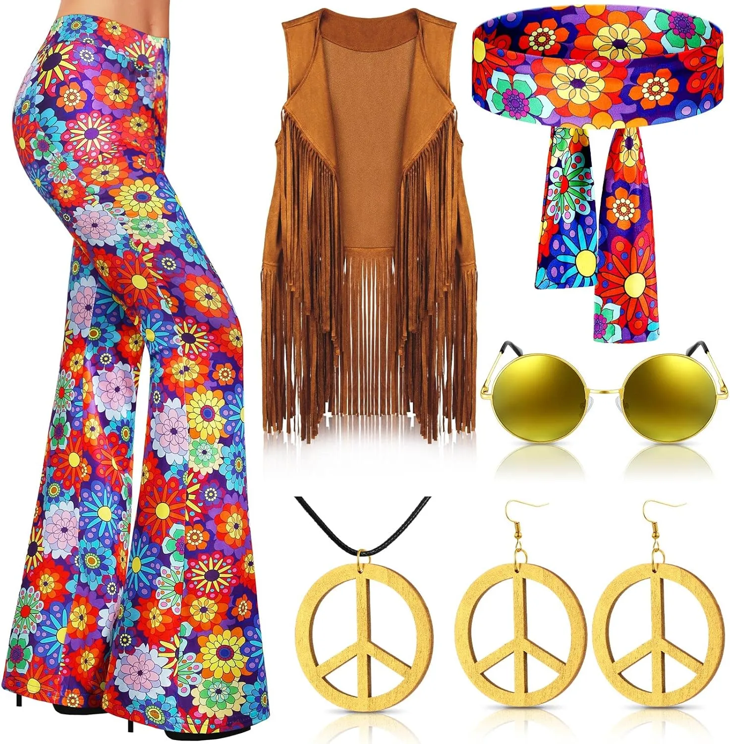 Haull 7 Pcs 60s 70s Outfits for Women Hippie Costume Set Boho Flared Pants Fringe Vest Peace Sign Accessories Set