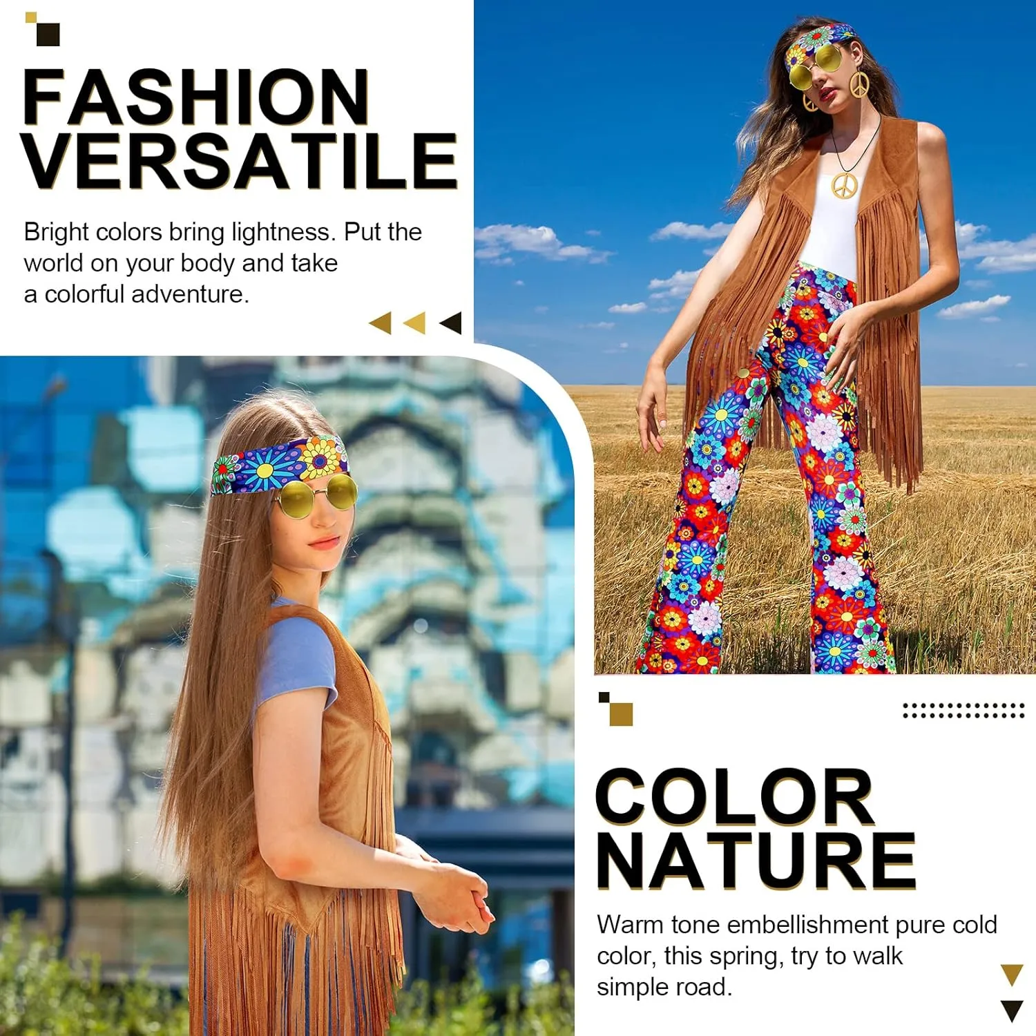 Haull 7 Pcs 60s 70s Outfits for Women Hippie Costume Set Boho Flared Pants Fringe Vest Peace Sign Accessories Set