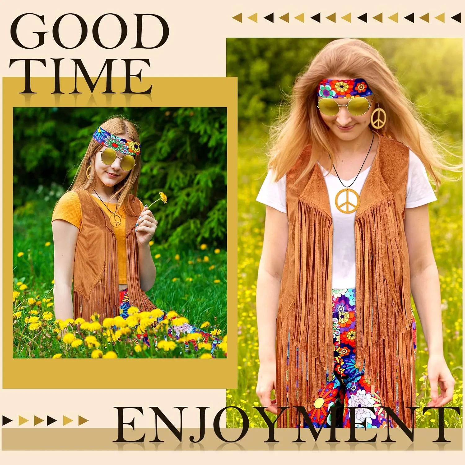 Haull 7 Pcs 60s 70s Outfits for Women Hippie Costume Set Boho Flared Pants Fringe Vest Peace Sign Accessories Set