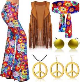 Haull 7 Pcs 60s 70s Outfits for Women Hippie Costume Set Boho Flared Pants Fringe Vest Peace Sign Accessories Set