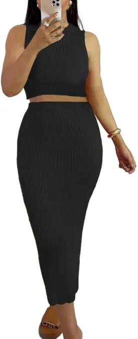 HBQ Women's 2 Piece Outfits Summer Sleeveless Ribbed Knit Crewneck Crop Tops Bodycon Midi Skirt Set