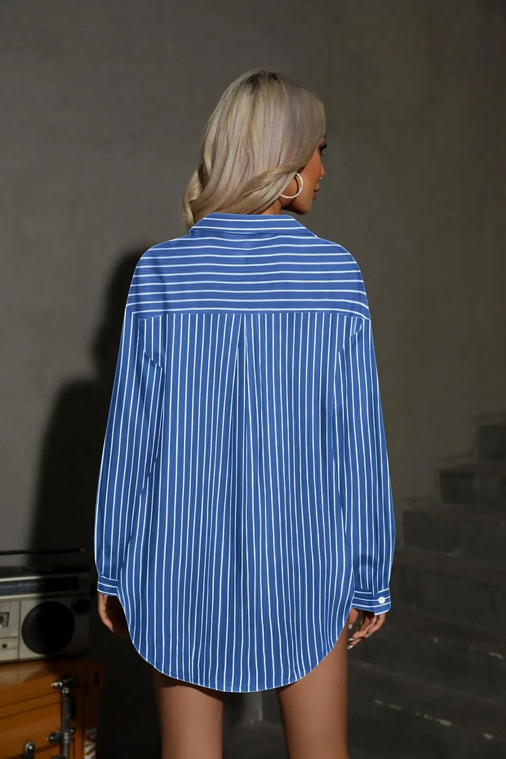 HOTOUCH Women Button Down Striped Shirts Drop Shoulder Blouse Long Sleeve Oversized Shirt with Pocket