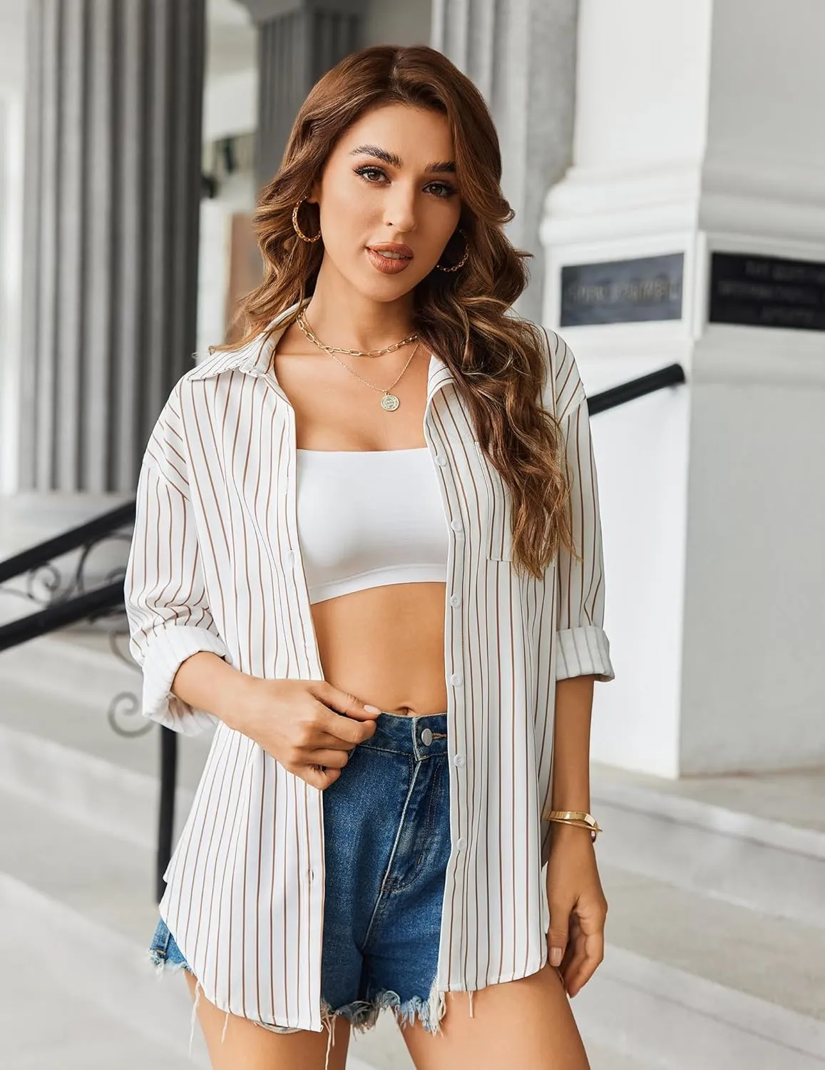 HOTOUCH Women Button Down Striped Shirts Drop Shoulder Blouse Long Sleeve Oversized Shirt with Pocket