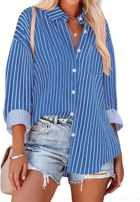HOTOUCH Women Button Down Striped Shirts Drop Shoulder Blouse Long Sleeve Oversized Shirt with Pocket