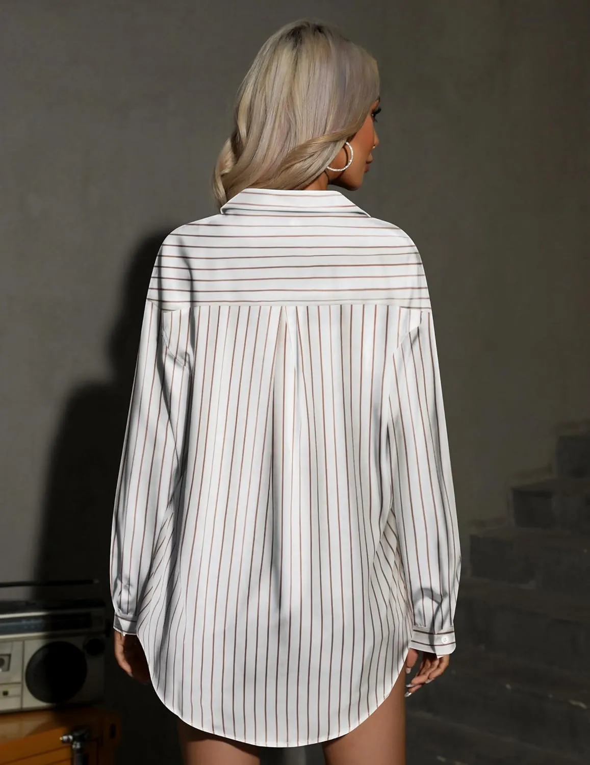 HOTOUCH Women Button Down Striped Shirts Drop Shoulder Blouse Long Sleeve Oversized Shirt with Pocket