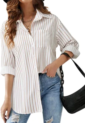 HOTOUCH Women Button Down Striped Shirts Drop Shoulder Blouse Long Sleeve Oversized Shirt with Pocket