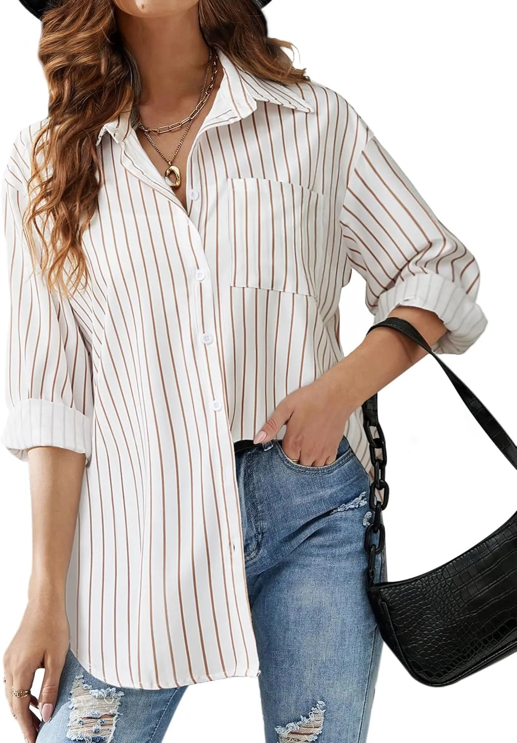 HOTOUCH Women Button Down Striped Shirts Drop Shoulder Blouse Long Sleeve Oversized Shirt with Pocket