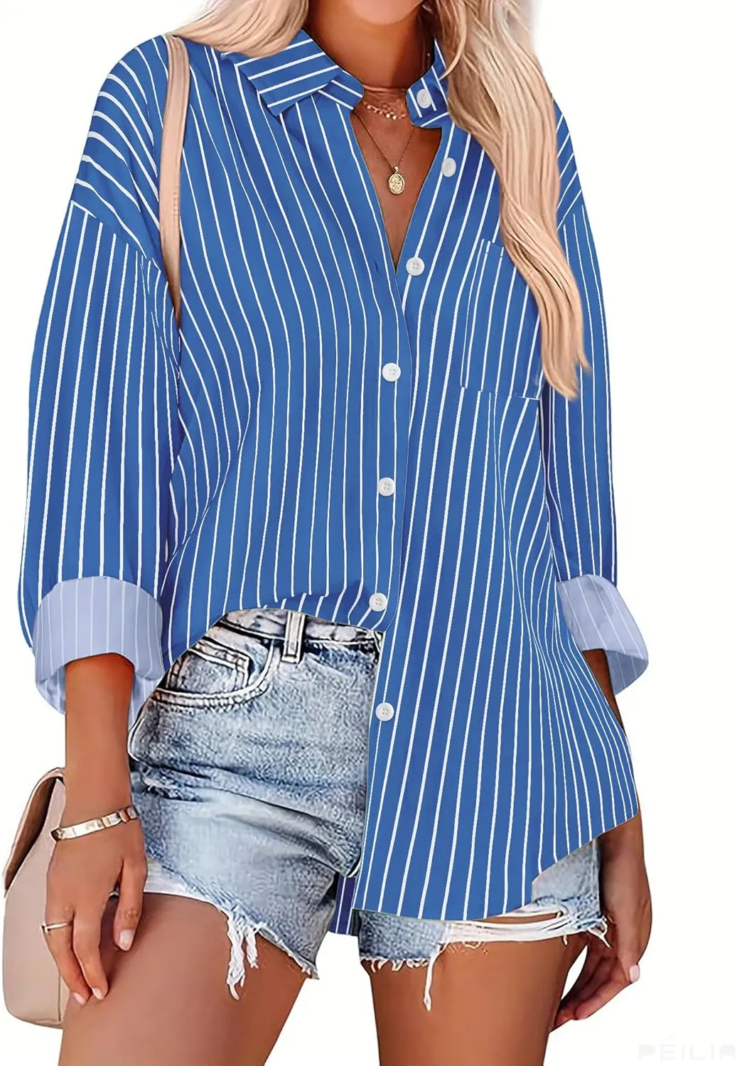 HOTOUCH Women Button Down Striped Shirts Drop Shoulder Blouse Long Sleeve Oversized Shirt with Pocket