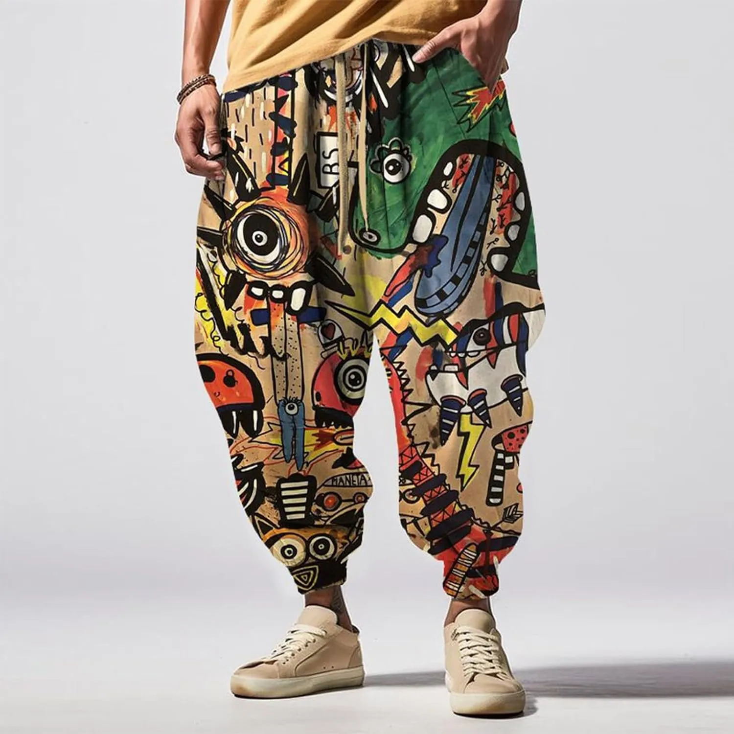 Japanese Drop Crotch Trousers Casual Drawstring Men Elastic Waist with Pockets Waist Men's Mens Hip Hop Harem Pants