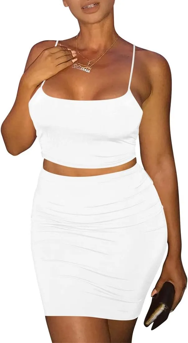 Kaximil Women's Summer 2 Piece Outfits Cami Crop Top Bodycon Skirt Mini Club Dress