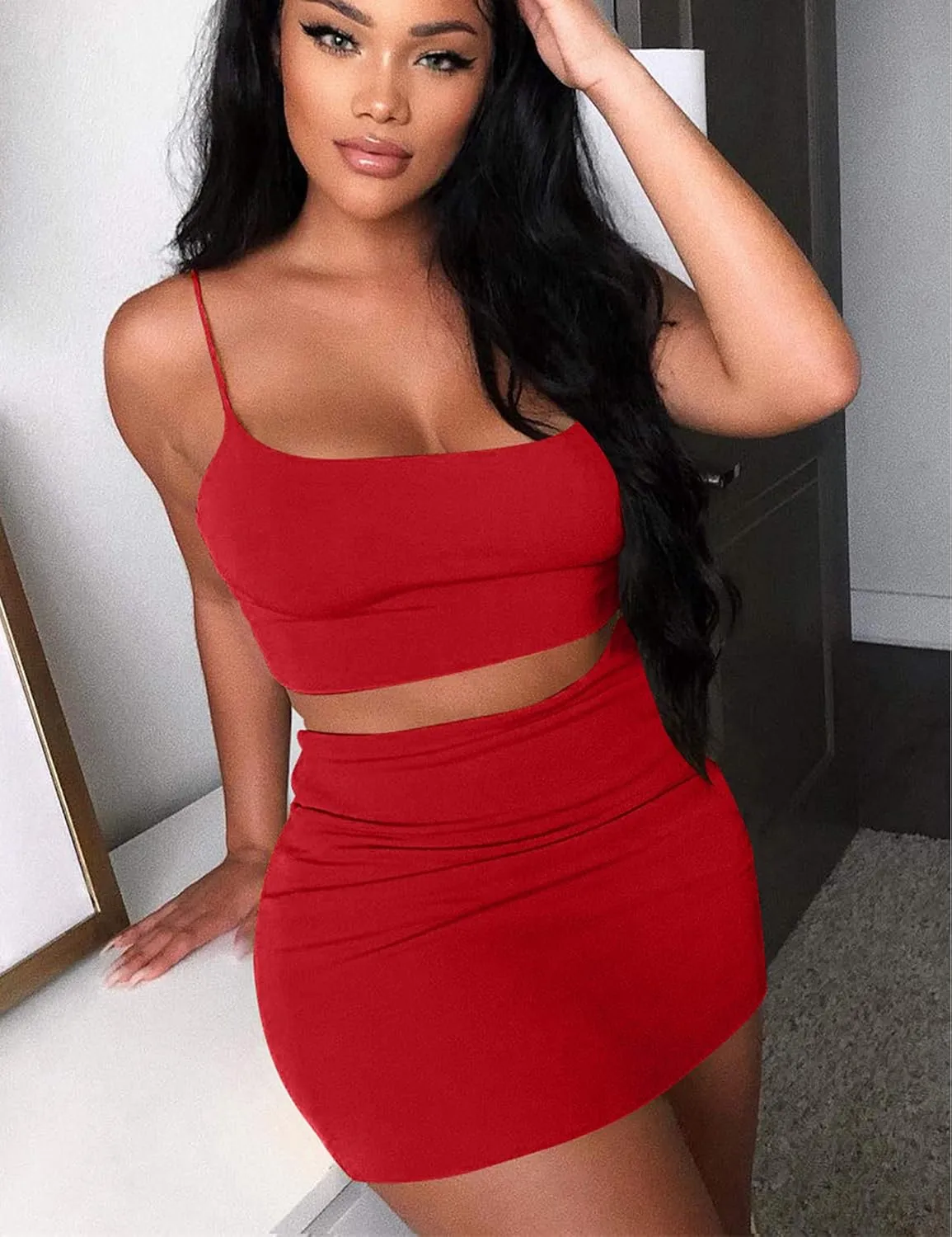Kaximil Women's Summer 2 Piece Outfits Cami Crop Top Bodycon Skirt Mini Club Dress